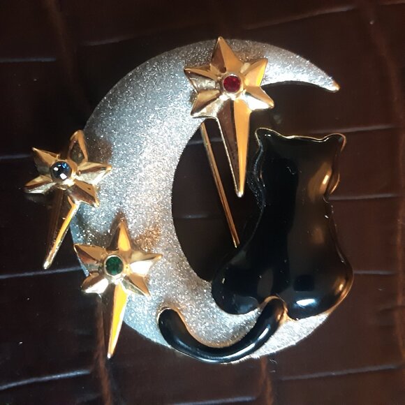 Ciro Black Cat & The Moon w/ Stars Vintage Brooch - Picture 3 of 9